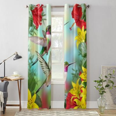 Fenstervorhänge mit Kolibris auf einem Hibiskus und gelben Lilien für Wohnzimmer, Küche, moderne Vorhänge, Heimdekoration, Jalousien, Vorhänge
