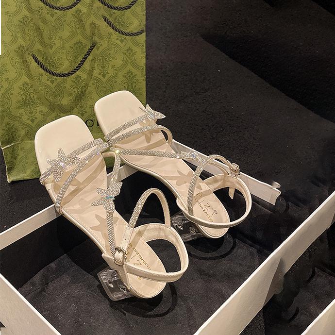 Crystal Thick Heel Sandals for Women, Internet Celebrity Thick Heel Butterfly Dew Toe Sandals for Women, New High Heels Sandals for Women