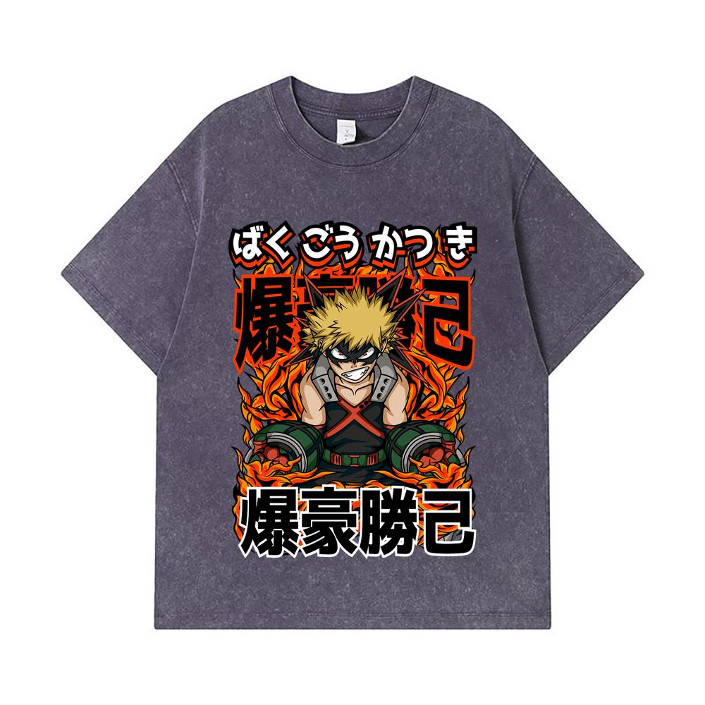 275 GSM Washed T-shirts 100% Cotton My Hero Academia V13 Bakugo Print Unisex Heavy Cotton T Shirt