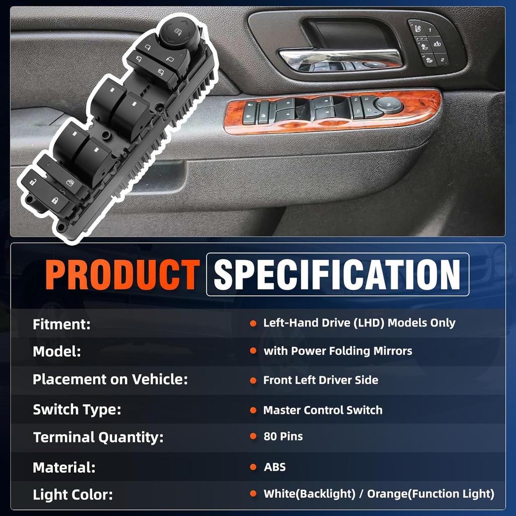 20835553, 15093440 Front Left Power Window Switch, Compatible with Chevrolet Silverado 1500 2007-2013, GMC Sierra 1500 2007-2013 (with Power Folding