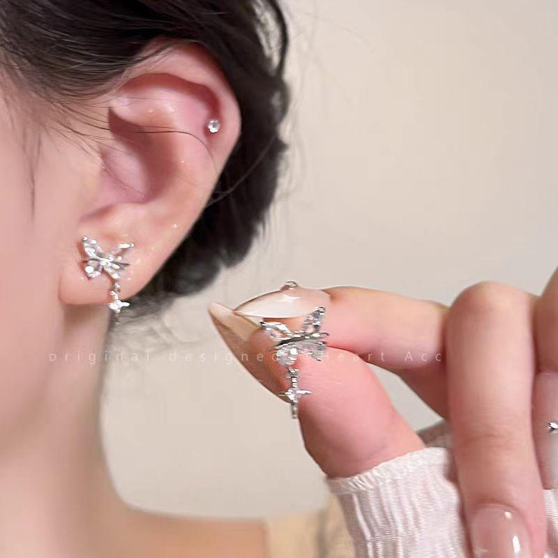 Butterfly Zirconia Silver Stud Earrings for Women, Light Luxury, Niche Style, Ear Bar Clasp Without Ear Holes