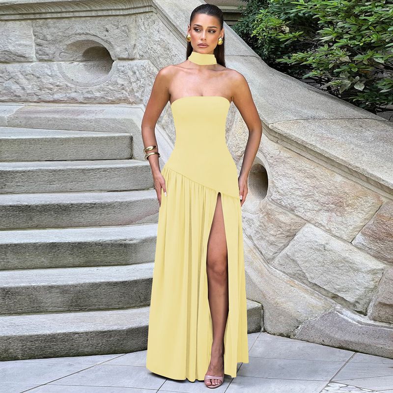Shemoda Fashion Style Sexy off-Neck Tube Top Dress Women's Stylish Patchwork High Slit Draping Long Dress