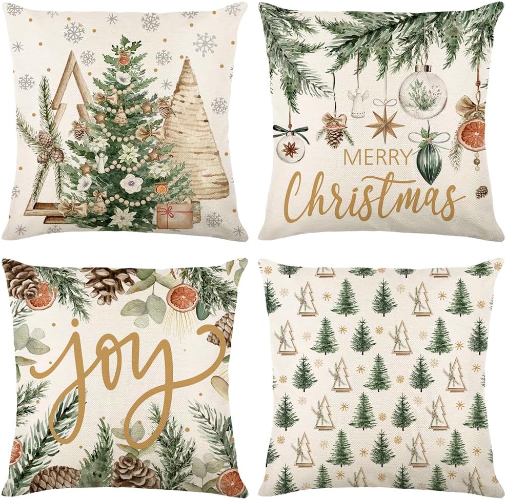 Christmas Throw Pillow Covers 18X18 Set Of 4,Linen Pillow Cases Vintage Nordic Snowman Tree Plaid Gray White Pillowcover