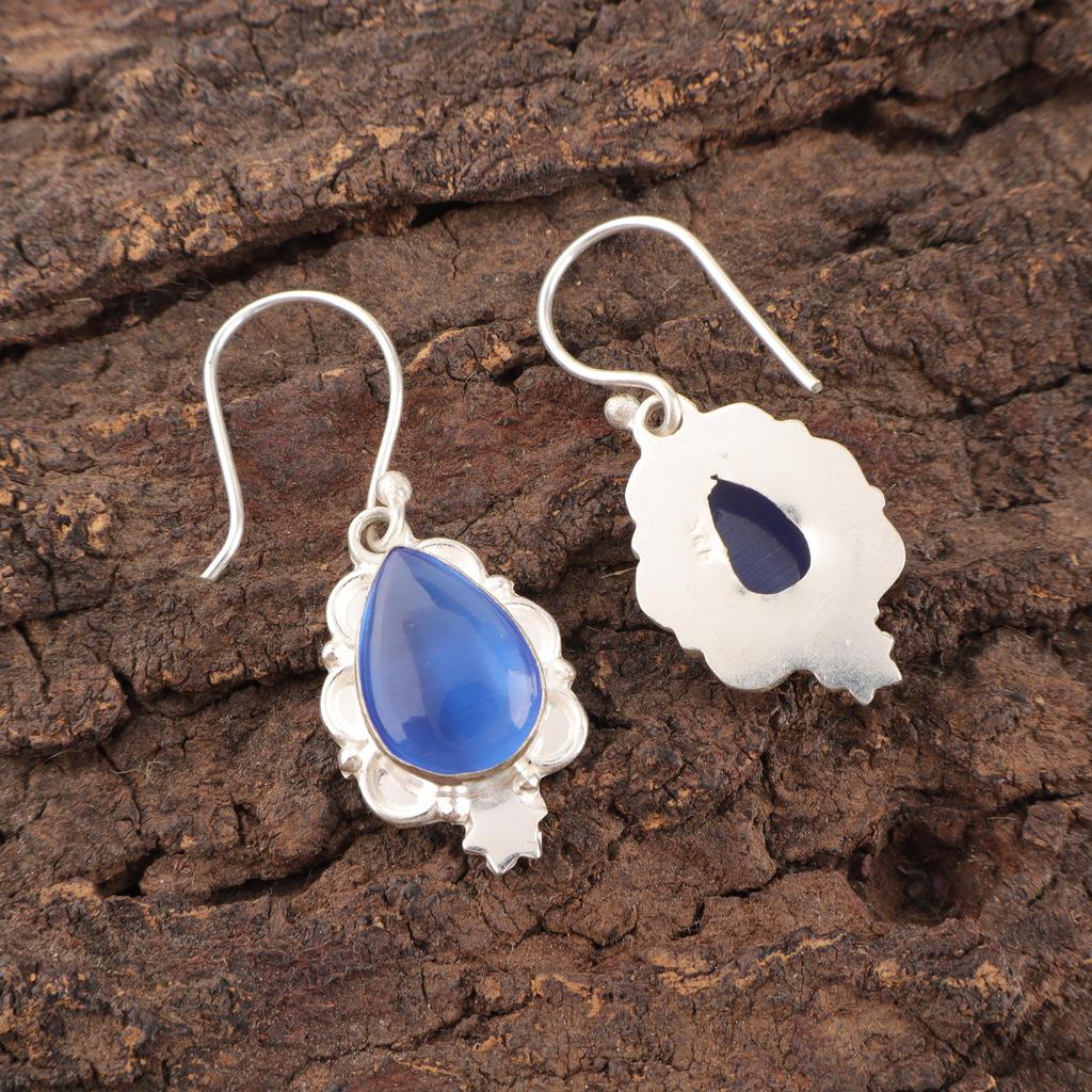 Dark Blue Cat's Eye Gemstone Earrings , 925 Solid Sterling Silver Designer Jewelry, Handmade Spiritual Earrings Gift For Sister
