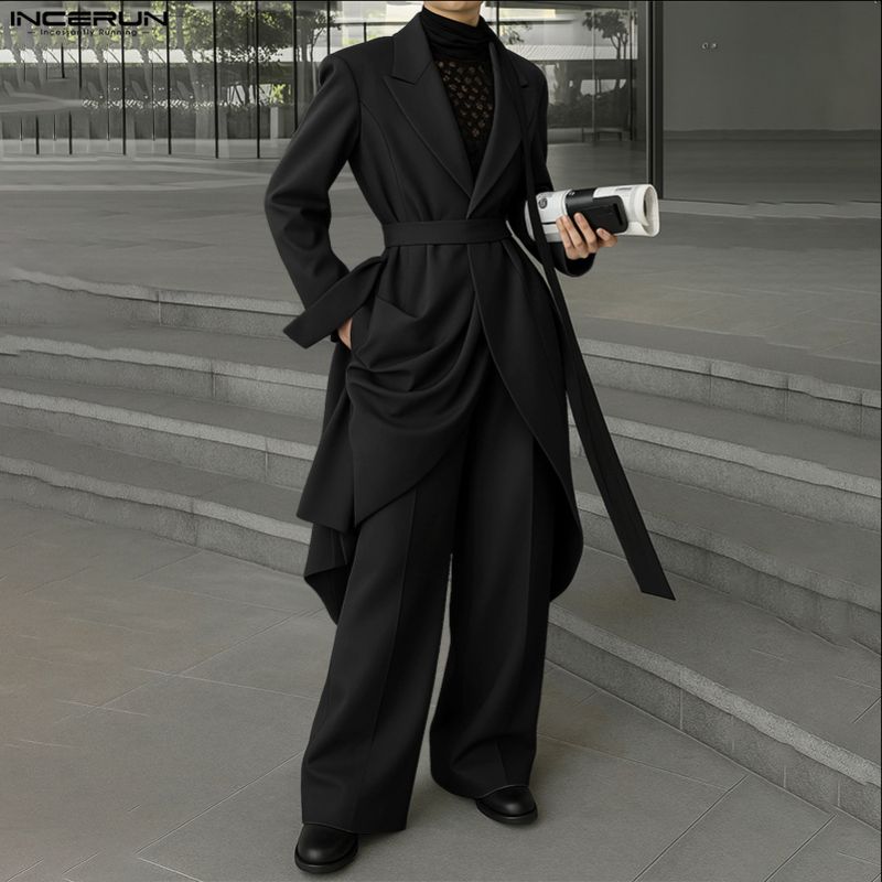 INCERUN Men Outfits Peak Lapel Long Sleeve Irregular Blazer Windbreaker Long Pants Casual Two Piece Suit Sets