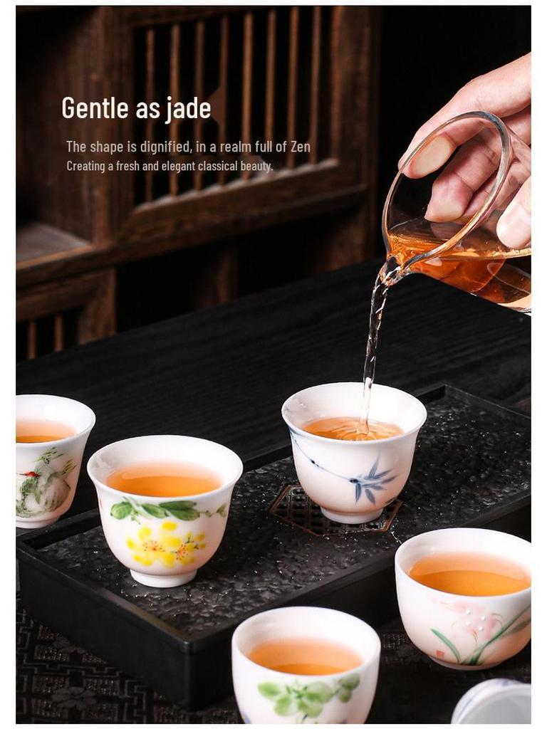 Lamb Fat Jade Hand-Painted Ceramic Gongfu Tea Set with Gaiwan, Tasting, and Host Cups