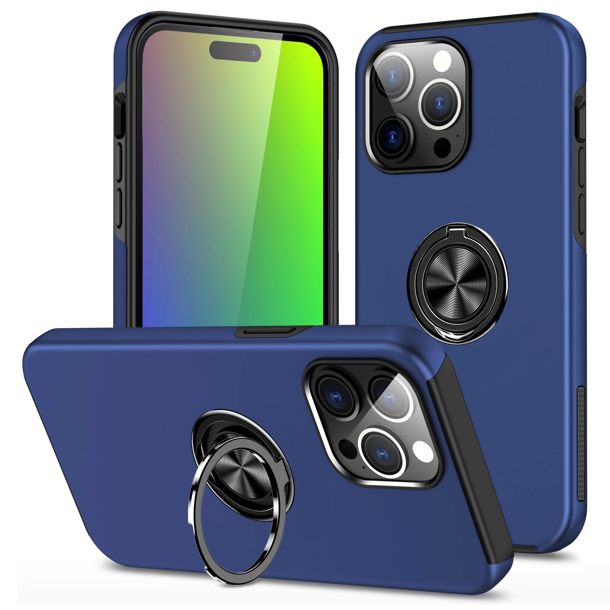 

For iPhone 15 Pro Anti-drop Phone Case Ring Holder Kickstand PC+TPU Phone Back Cover Blue