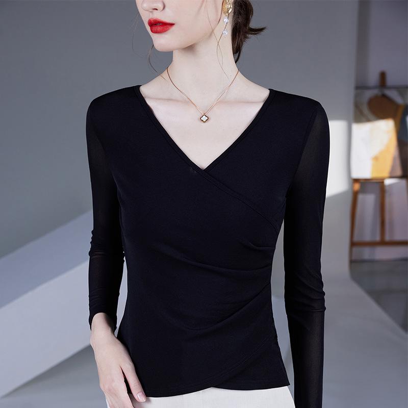 2025 Women's Fashion V-Neck Mesh Long-Sleeve Top - Waist-Cinching, Belly-Covering
