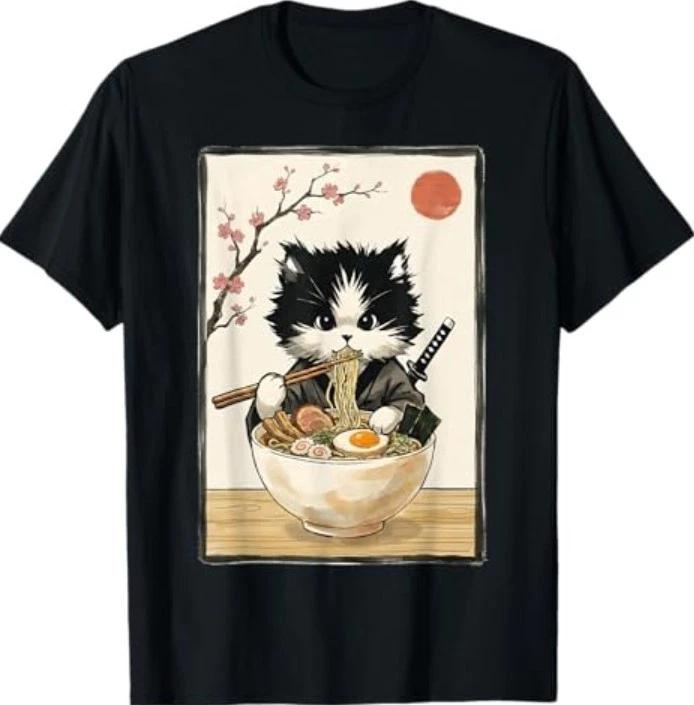 Samurai Cat Japanese Art Ramen Novelty Kawaii Funny Cat T-Shirt 3XL