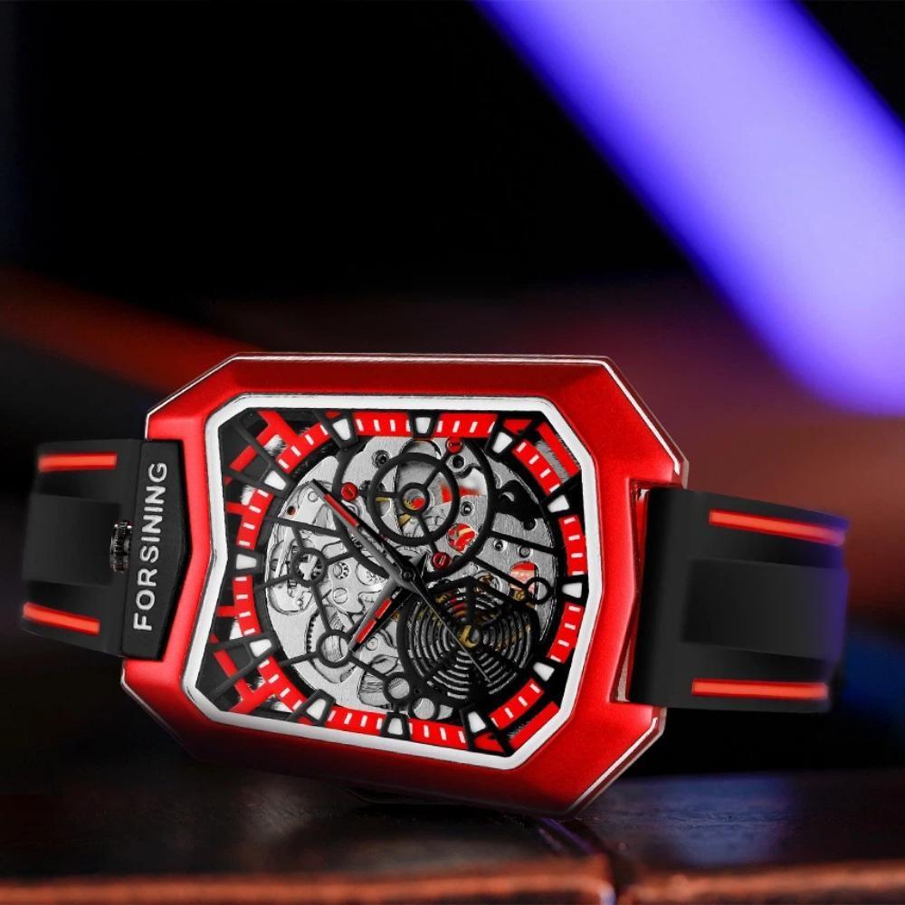 Trendy Unique Skeleton Mechanical Watches Rubber Strap Sports Wrist Watch Creative Square Hollow Automatic Mechanical Watch