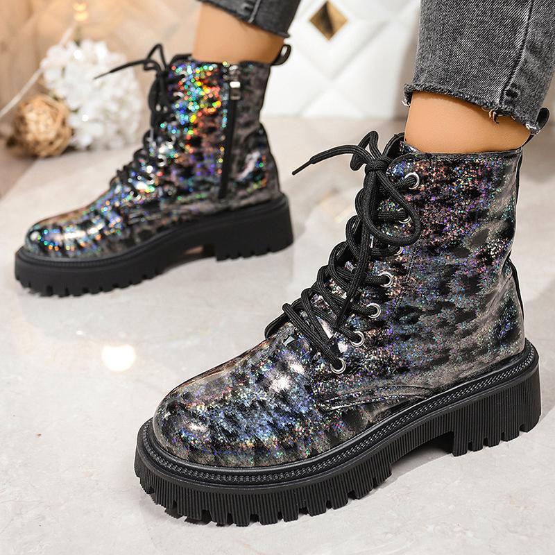 Fashion Bright Sequin Platform Ankle Boots Women Autumn Winter Waterproof Short Booties Mujer Fashion Lace Up Thick Sole Boots Plus Size