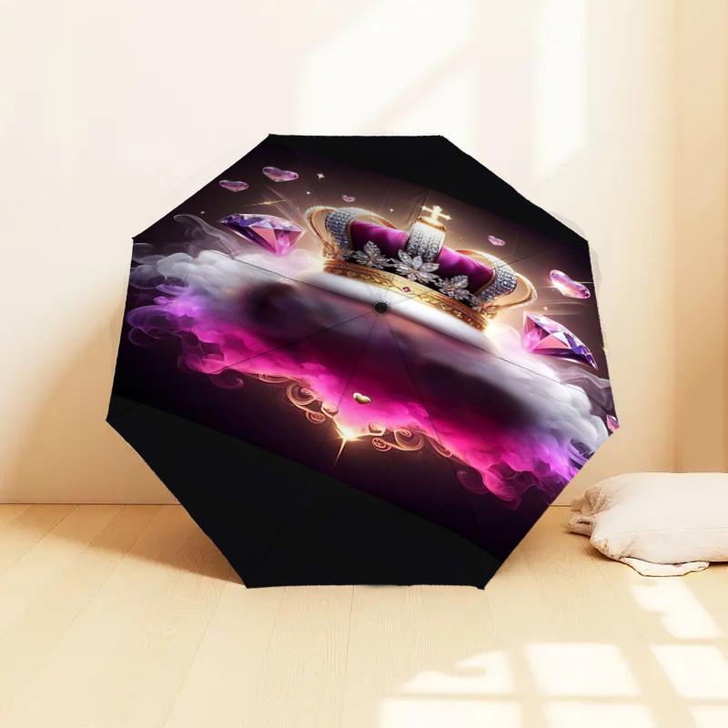 Regal Crown & Diamond Heart Automatic Opening Folding Umbrella: Elegant Design with 8-Bone Iron Frame, Perfect for Fans, Travelers, Daily Us