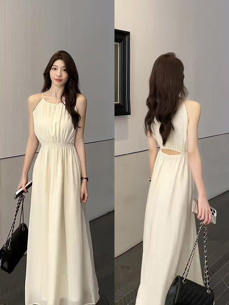 Blue French neck sling dress children's summer new seaside vacation style sleeveless beach dress