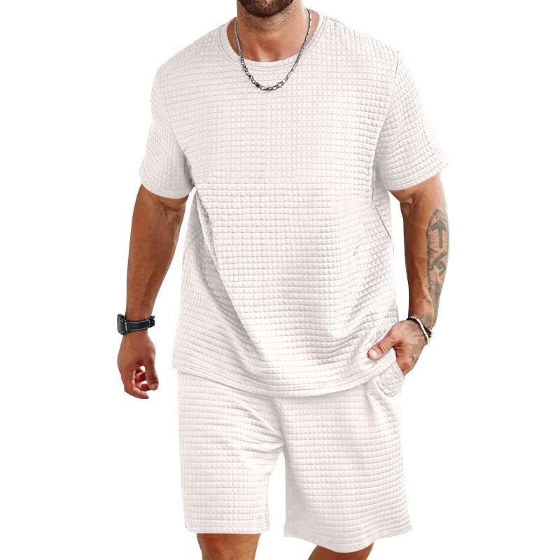 New Men's Sports and Leisure Suit Solid Color Crew Neck Shirt Shorts Piece Set Fashion Men's Summer Suit