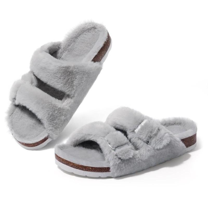 Fashion Kidmi Womens Fuzzy Slippers with Arch Support Adjustable Buckles New Fashion Cork Footbed Slides Open Toe Indoor Shoes for Women