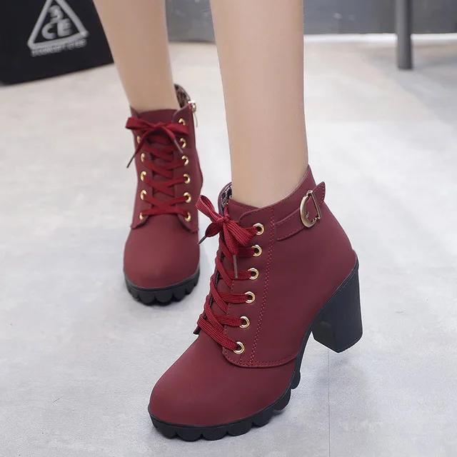 Spring Winter Women Pumps Boots High Quality Lace-up European Ladies Shoes PU High Heels Boots Fast Delivery