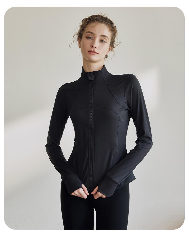 Women's Slim-Fit Stand-Up Collar Yoga Jacket - Long Sleeve, High-Elastic, Zipper Cardigan for Outdoor and Fitness Activities