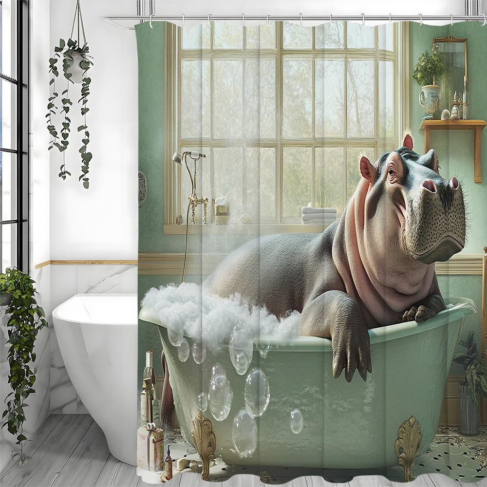 Cute Bathing Hippo Shower Curtain Washable Dirt-Resistant Shower Head waterproof Polyester Bath Curtain For Home Decor