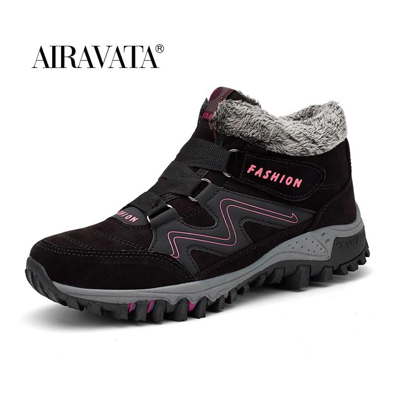 

Мужские и женские зимние меховые кроссовки для ходьбы на открытом воздухе с противоскользящим покрытием, походные ботинки по щиколотку 38 ярко-розовый/чёрный