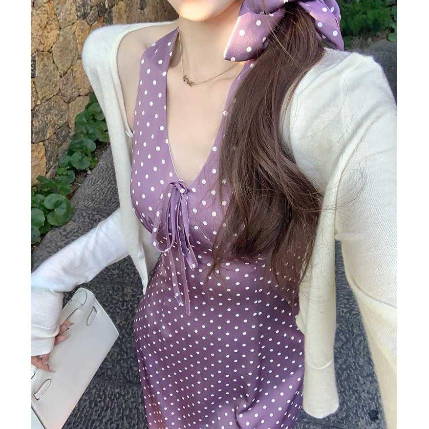 Purple Polka Dot Backless Neck Dress Women's Summer High-end Slim-fit Skirt Spice Girl Style Waist-wrapped Hip Dress