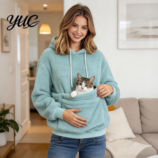 Casual Pet Lover Clothing Winter Pouch Hoodie, Women Fleece Sweatshirt with Large Front Pocket, Cat Long Sleeve Pullover Tops for Carrying Cats