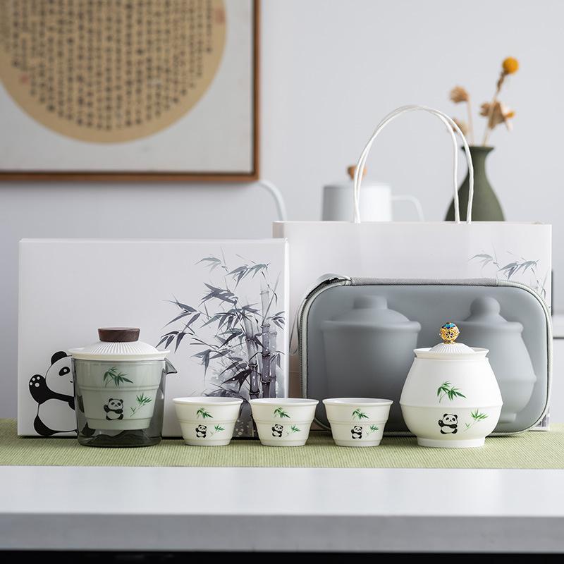 Panda Suet Jade Porcelain Kung Fu Travel Tea Set Outdoor Portable