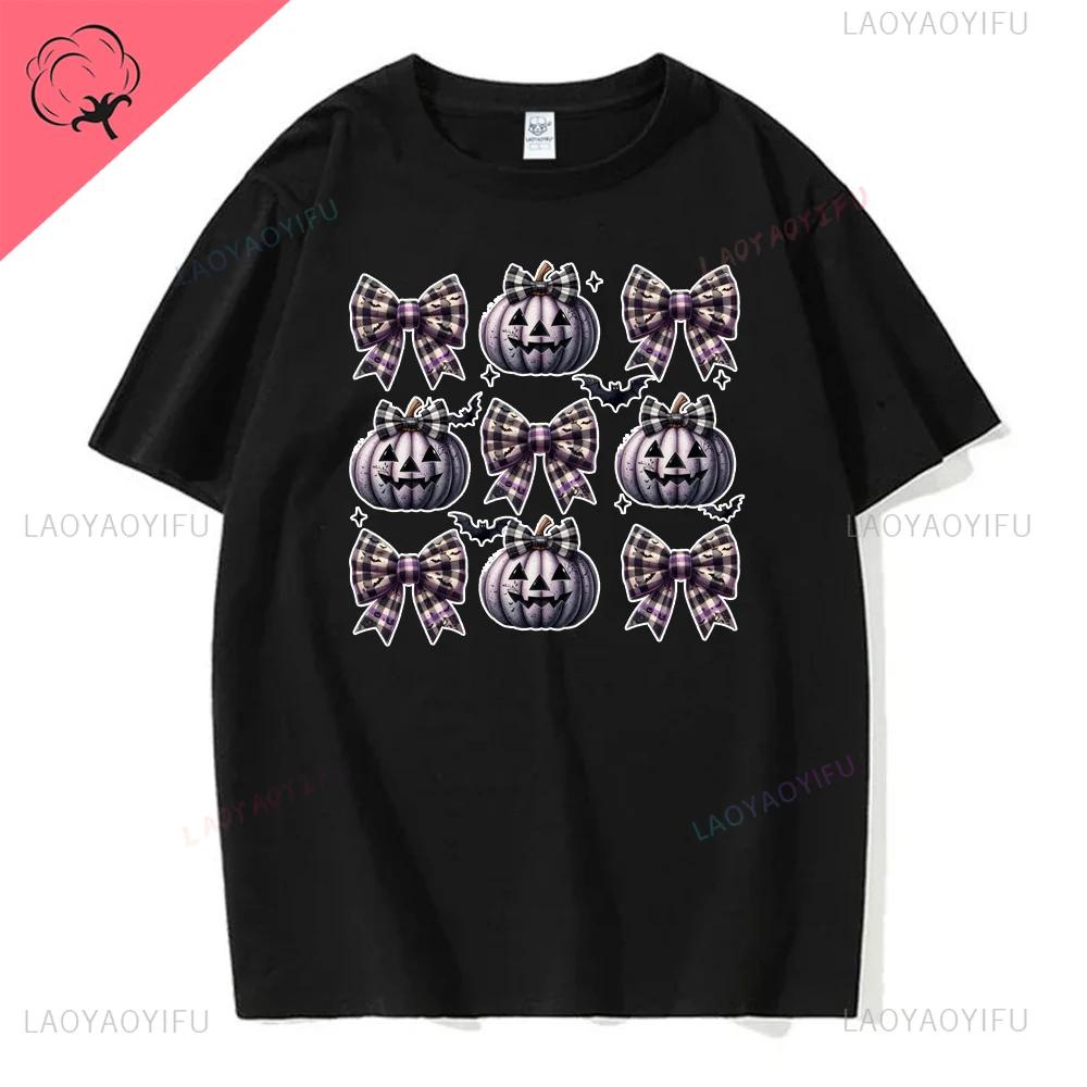 Women Ghost Pumpkin Bat Print Round Neck Pullovers Funny Halloween Costume Cotton Shirt Graphic T Shirts Y2k Top Harajuku Tops