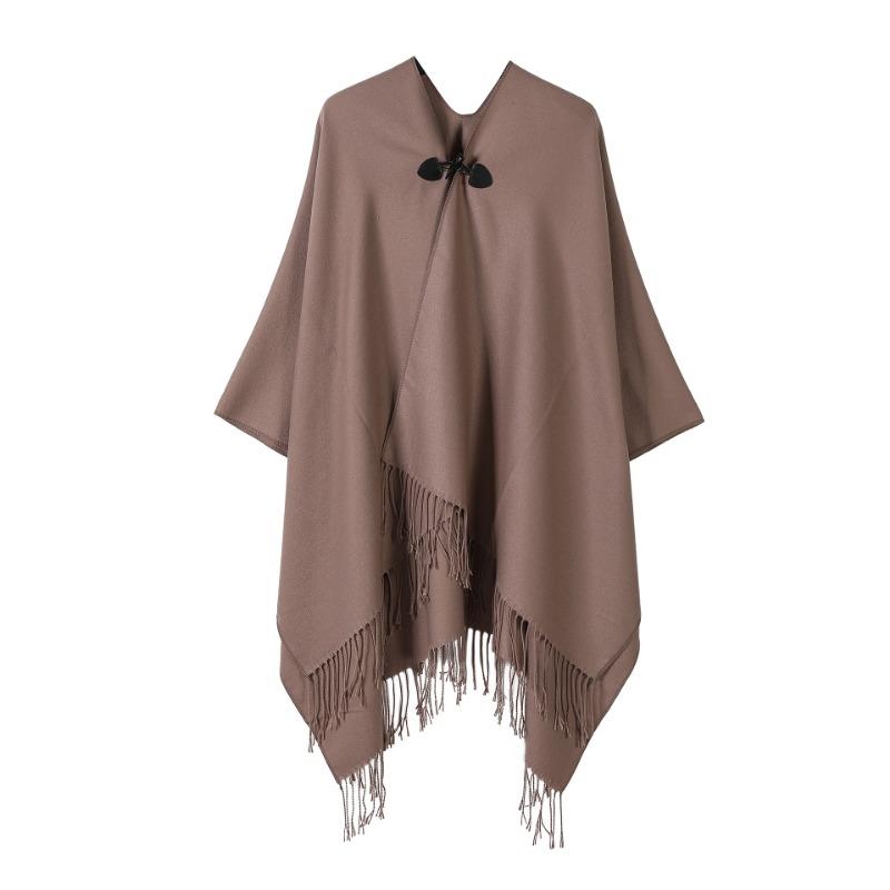 Solid Color Toggle Button Cape Shawl Tassel Hem Soft Faux Cashmere Poncho Wrap for Women