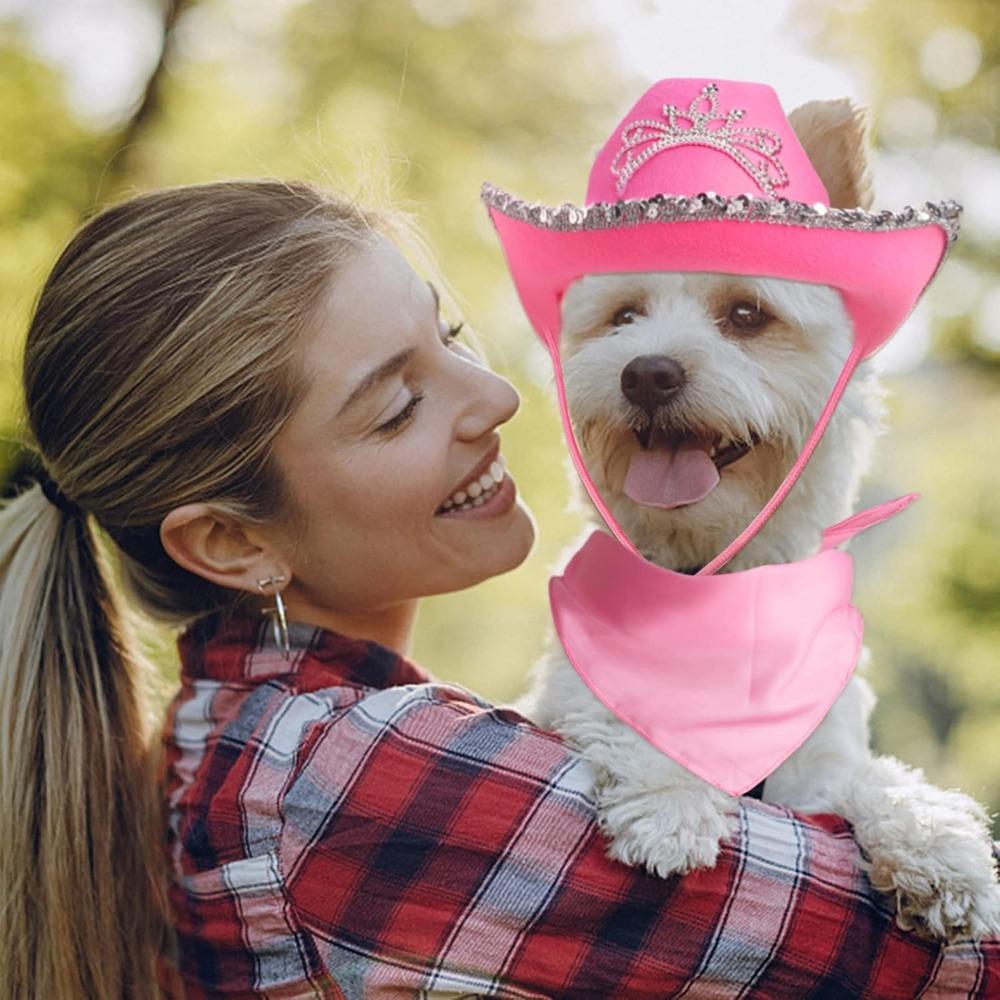 Pet Pink Cowboy Hat Costume Accessory Set Dog Cat Size Pink Cowgirl Princess Hat for Cat Puppy Western Costume Daily Wearing