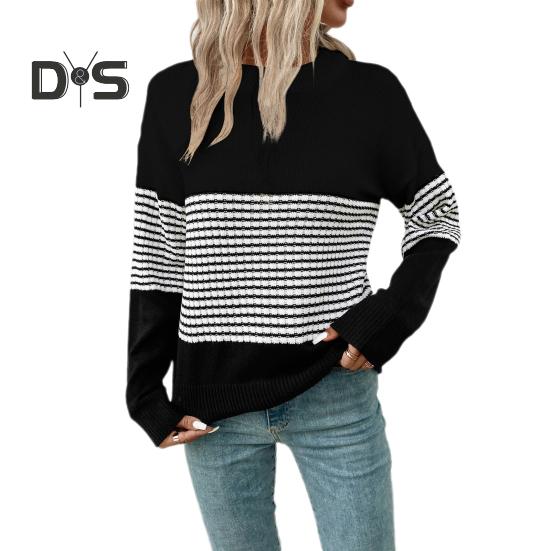 Женский свитер с круглым вырезом и длинным рукавом контрастный цвет вязаные топы свободный крой эластичный повседневный трикотаж повседневная одежда S чёрный 2289₽