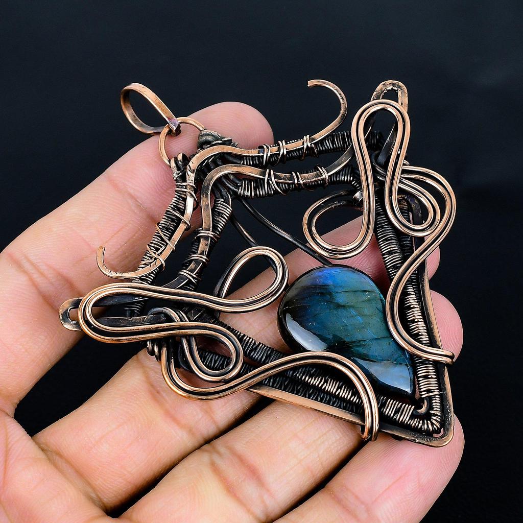 Labradorite Pendant, Handmade Gemstone 999 Copper Wire Wrapped Pendant Antique Jewelry, For Gift Silver Jewelry