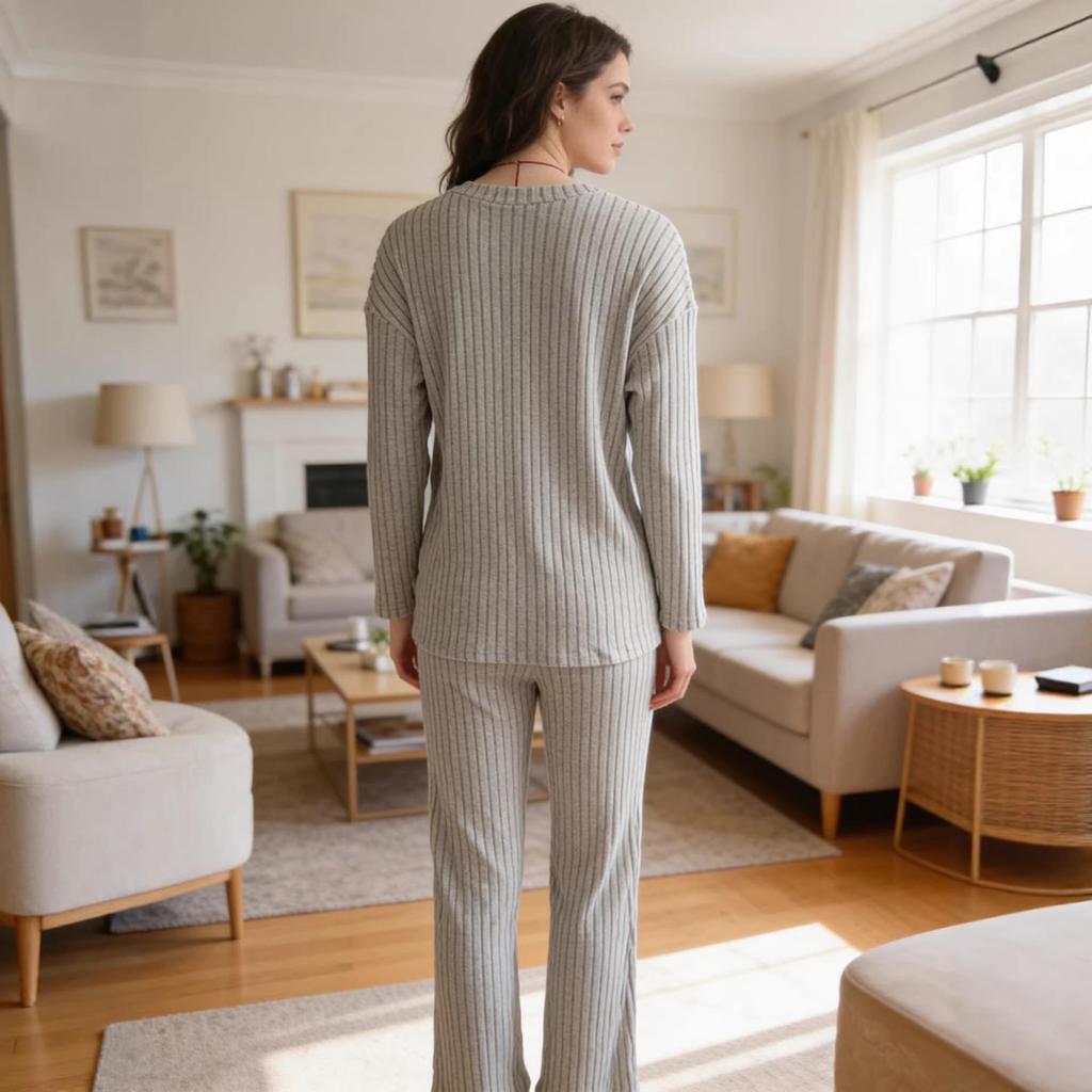 Large Ribbed V-neck Long Sleeve Women's Pant Suit Casual Two-Piece Set - 2025 Autumn/Winter Collection