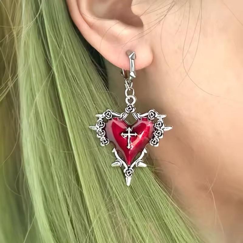 Goth Schmuck Dornen Herz Kreuz Ohrringe Rotes Tropföl Rose Blume Ohrringe für Damen Punk Charms Accessoires Grunge Ohrringe
