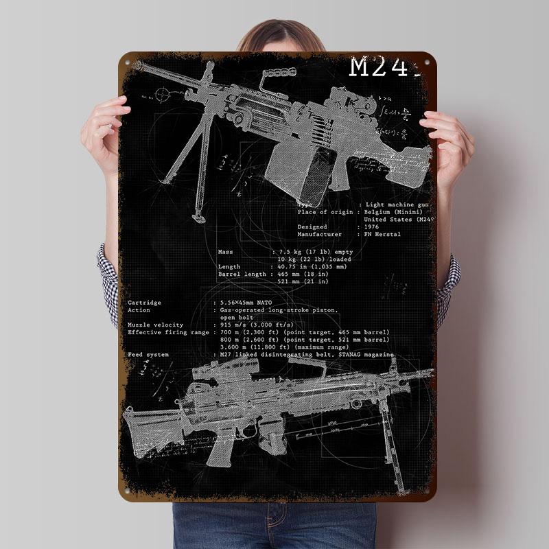 M249 Black Blueprints Tinplate Posters Customizable Wall Art Retro Vintage Metal Signs for Home Room Wand Deko Decoration Gaming