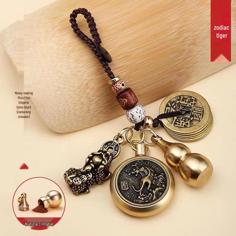 Reiner Messing Pixiu Kürbis Tierkreisanhänger mit Zinnobermünzen Schlüsselanhänger