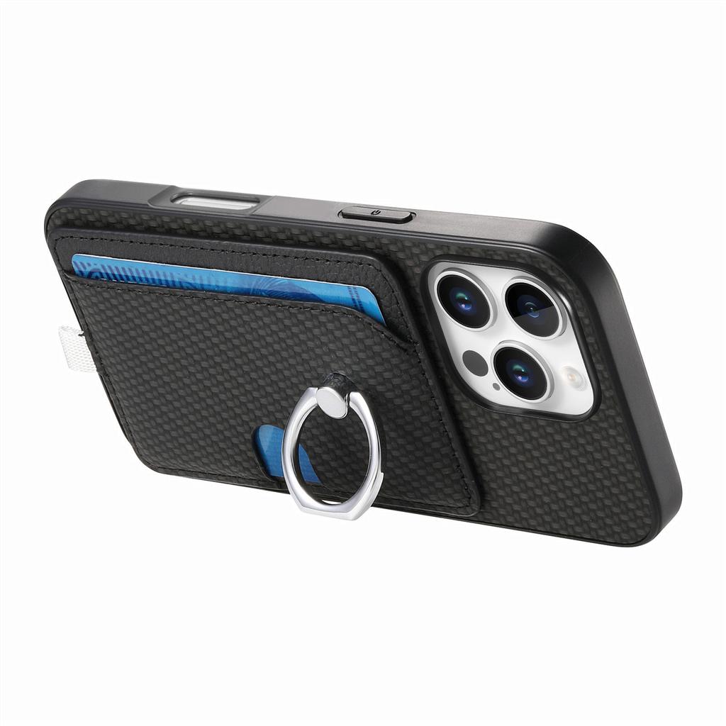 For iPhone 16 Pro Case Ring Kickstand Leather Back Cover with Magnetic Detachable Card Holder