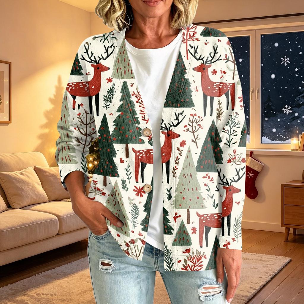 Women's Casual Button-Front Christmas Print Jacket