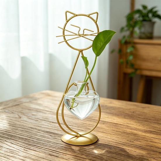 Decorative Ornament, Cat-Shaped Rust-Proof Iron Bracket with Transparent Glass Vase for Hydroponic Plants Desktop Decoration