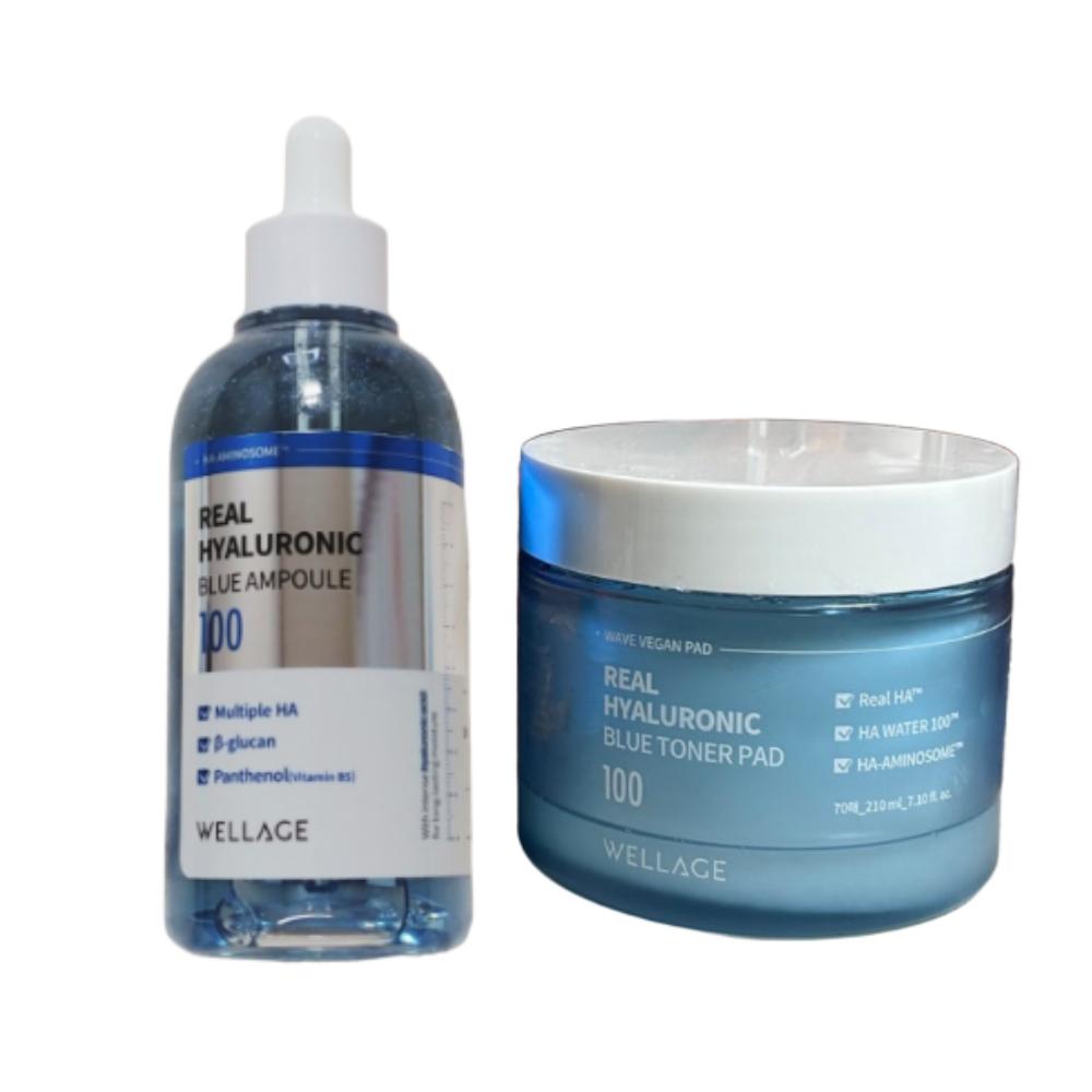 

WELLAGE Real Hyaluronic Blue 100 Ampoule & Blue Toner Pad Set 100ml + 210ml (70 Pads)