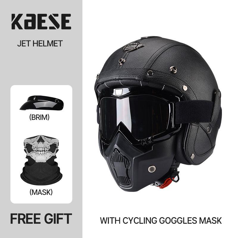 Newest Black Leather Open Face Motorcycle Helmet With Mask Scooter Riding Caque Classic Electric Motorbike Jet Cascos Para Moto
