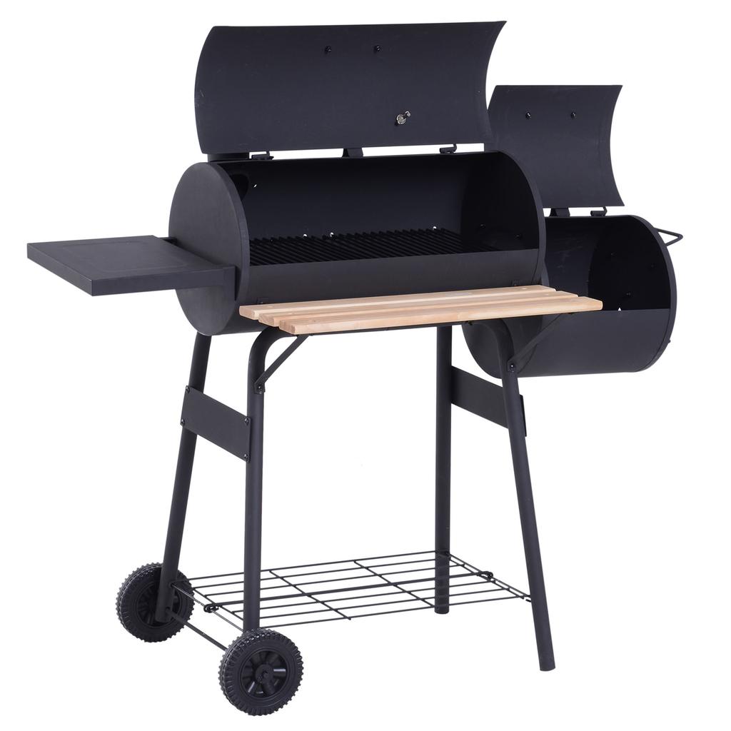 Portable Charcoal BBQ Grill, Cold-rolled Steel, Solid Wood, 104H X 124L x53W cm-Black