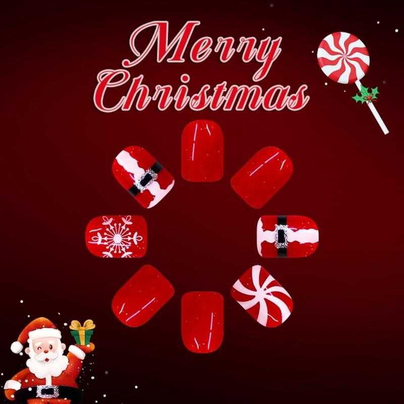 ABS Christmas Fake Nail 24PCS Santa Snowflake Glitters Design Holiday Party Press On Nail For DIY Manicure Comfort Wear