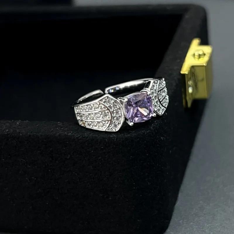 exquisite   inlay diamond High quality square purple gemstone rings for women fashion opening ring sparkling jewelry