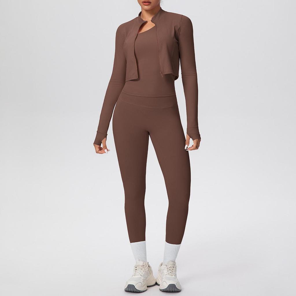 Cloud-like Quick-dry Zipper Jacket & High-waisted Yoga Suit - 3pc Outdoor Running Fitness Set