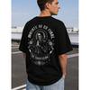 Men's Gothic Oversized Tee, Short Sleeve Crew Neck Soft Cotton Blend, Back Print Skeleton Saint with Roses & Spanish Quote for Streetwear