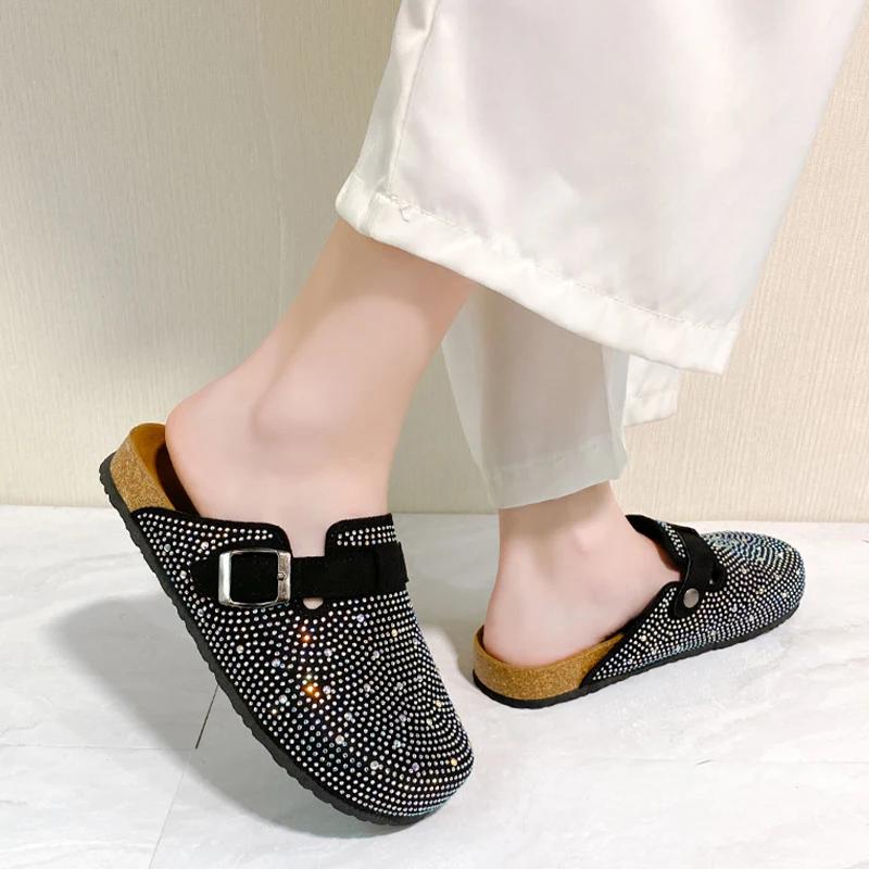 fashion Women Crystal Mules Shoes Flats Slippers 2024 Autumn Designer New Fashion Walking Casual Shoes Cozy Trend Dress Mujer Zapatos