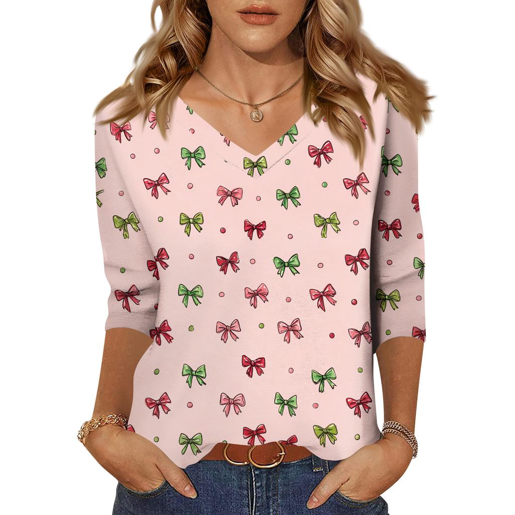 Women's Tops Three-quarter Sleeve Shirt V-neck Loose Casual Shirt Print T-shirt