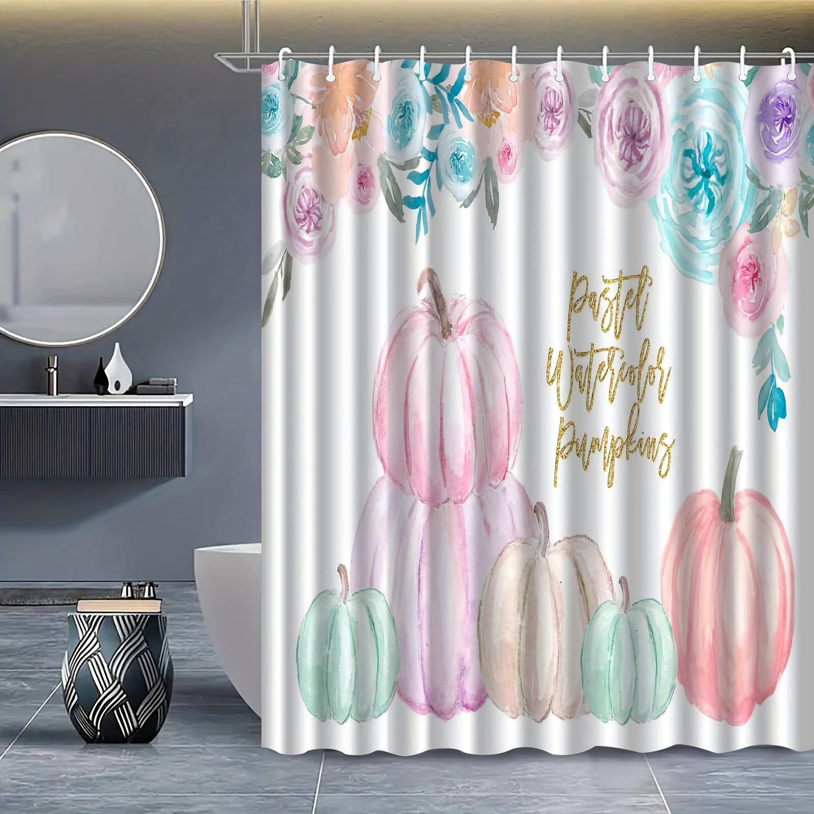 Watercolor Pumpkin Shower Curtain , Machine Washable Polyester with Hooks, Vibrant Floral Pumpkin Design for All-Season Use W90xH180cm