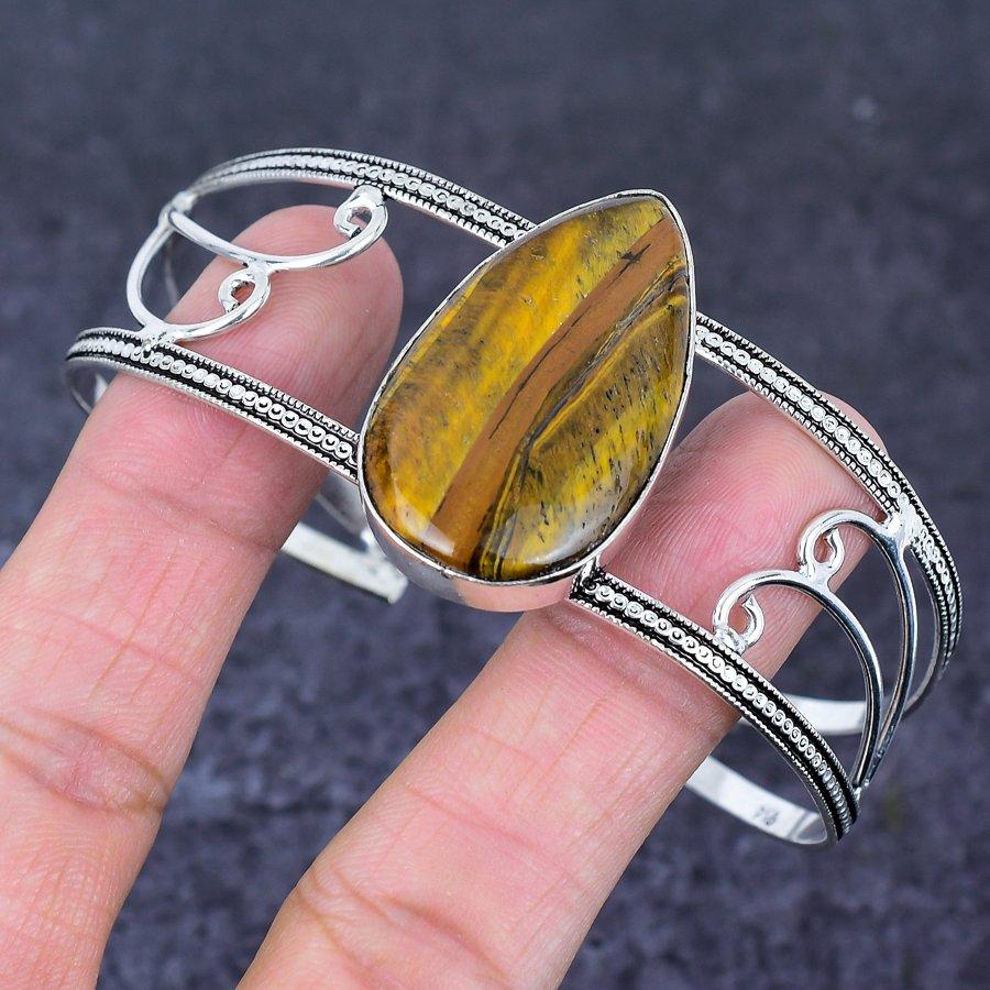 Natural Tiger Eye Gemstone 925 Sterling Silver Cuff Bangle Adjustable Y4q23