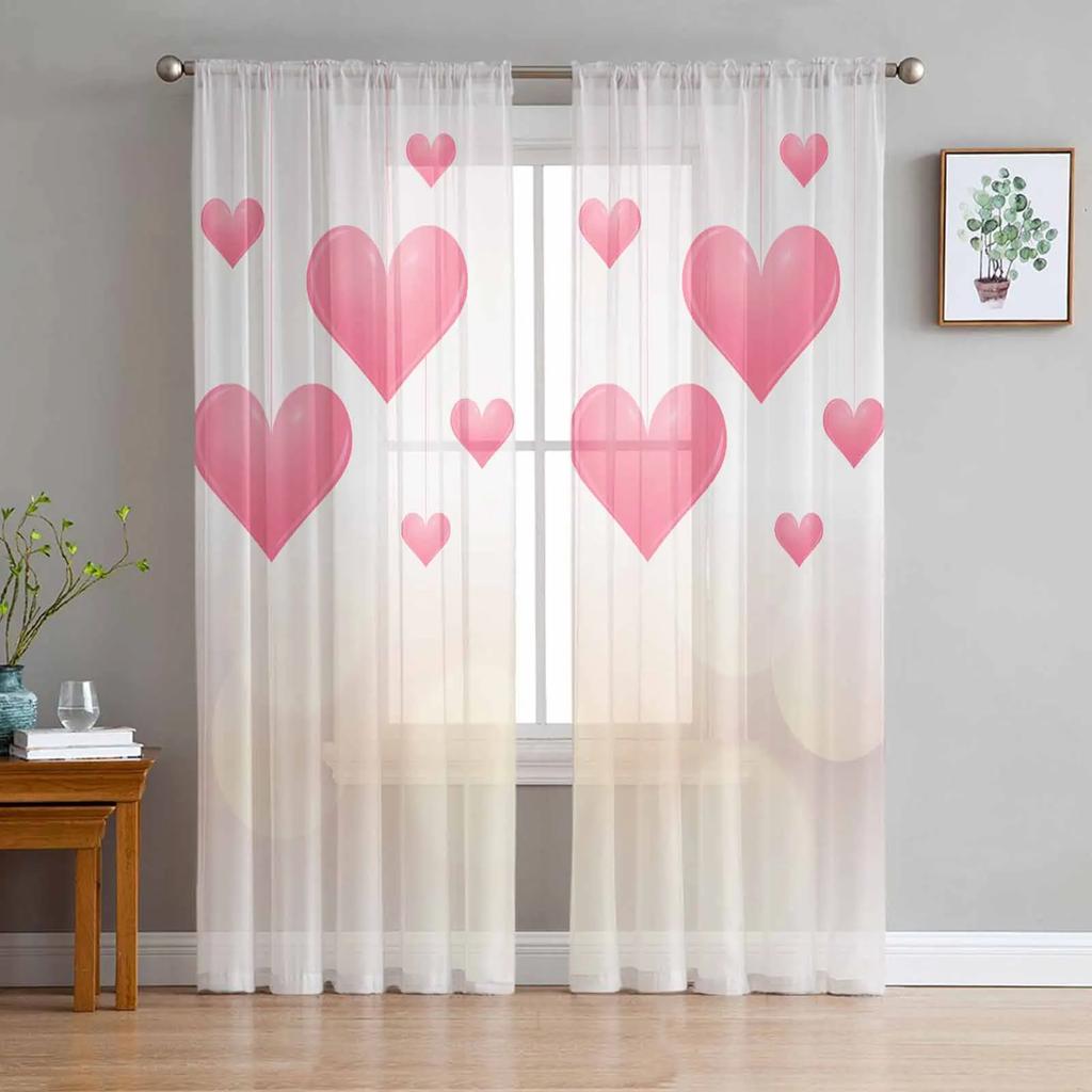 Valentine'S Day Pink Heart Sheer Drapes for Bedroom Living Room Decoration Window Curtain Kitchen Curtain Panels